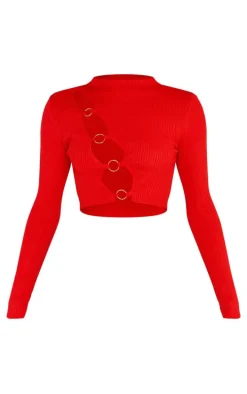 Cherry Red Ring Front Cut Out Long Sleeve Knit Top