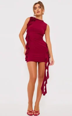 Cherry Red Rose Detail Ruffle Bodycon Dress