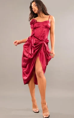 Cherry Red Satin Rose Detail Corset Mini Dress