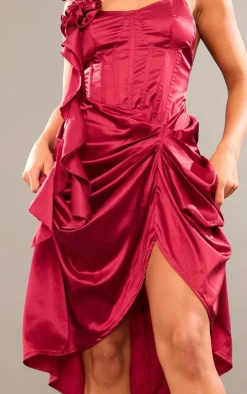 Cherry Red Satin Rose Detail Corset Mini Dress