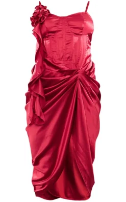 Cherry Red Satin Rose Detail Corset Mini Dress