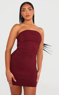 Cherry Red Stretch Woven Bandeau Fold Over Detail Bodycon Dress