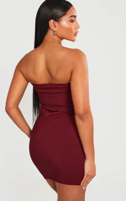 Cherry Red Stretch Woven Bandeau Fold Over Detail Bodycon Dress