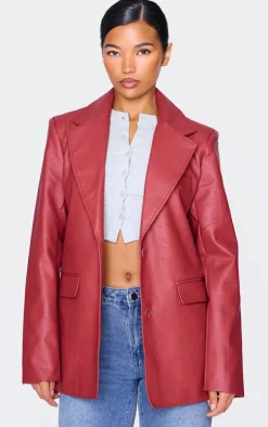 Cherry Red Textured Faux Leather Blazer