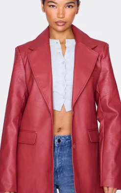 Cherry Red Textured Faux Leather Blazer