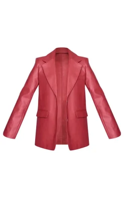 Cherry Red Textured Faux Leather Blazer