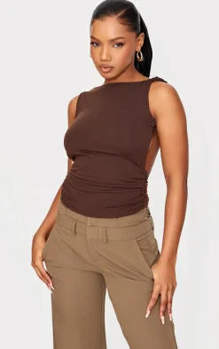 Chestnut Contour Jersey Twist Shoulder Backless Long Top
