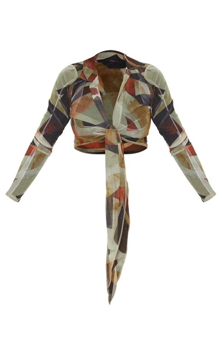 Chocolate Abstract Print Plunge Tie Front Long Sleeve Shirt