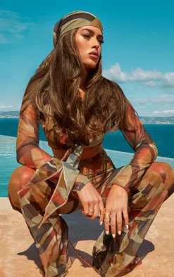 Chocolate Abstract Print Mesh Wide Leg Pants