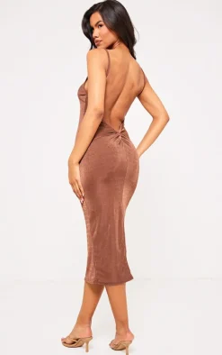 Chocolate Acetate Slinky Strappy Low Back Knot Detail Midaxi Dress