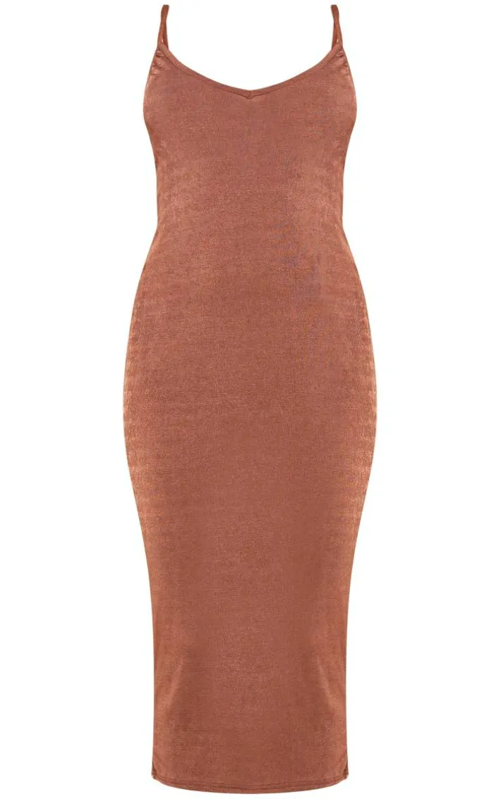 Chocolate Acetate Slinky Strappy Low Back Knot Detail Midaxi Dress