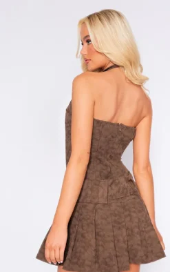 Chocolate Acid Wash PU Belted Pleated Plunge Shift Dress