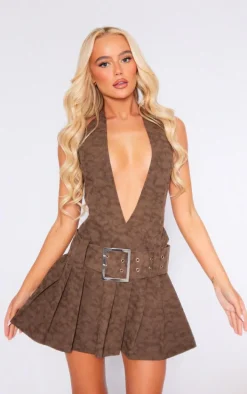 Chocolate Acid Wash PU Belted Pleated Plunge Shift Dress