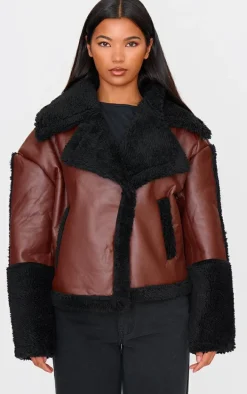 Chocolate And Black Borg Trim Faux Leather Coat