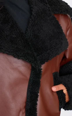 Chocolate And Black Borg Trim Faux Leather Coat