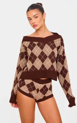 Chocolate Argyle Jacquard Knit Slouchy V Neck Sweater