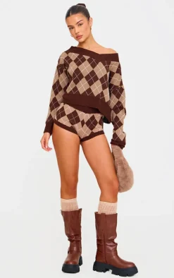 Chocolate Argyle Jacquard Knit Slouchy V Neck Sweater