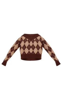 Chocolate Argyle Jacquard Knit Slouchy V Neck Sweater