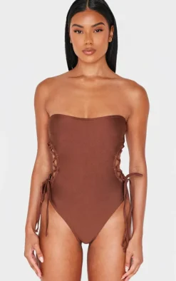 Chocolate Bandeau Lace Up Side Swimsuit