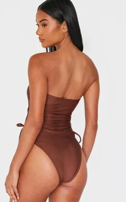 Chocolate Bandeau Lace Up Side Swimsuit