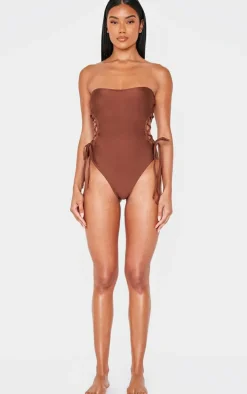 Chocolate Bandeau Lace Up Side Swimsuit