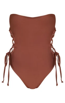 Chocolate Bandeau Lace Up Side Swimsuit