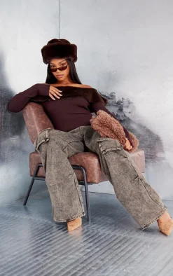 Chocolate Bardot Faux Fur Knitted Top