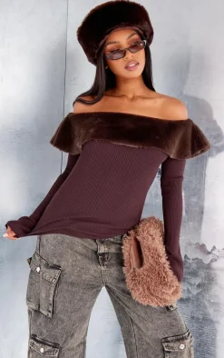 Chocolate Bardot Faux Fur Knitted Top