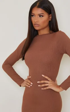 Chocolate Basic Ribbed Long Sleeve Midi Dress