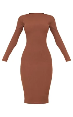 Chocolate Basic Ribbed Long Sleeve Midi Dress
