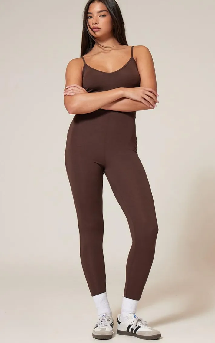 Chocolate Basic Strappy Plunge Jumpsuit