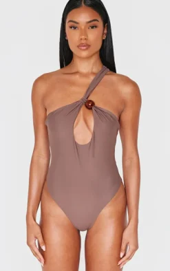 Chocolate Bead Detail One Shoulder Cut Out Swimsuit
