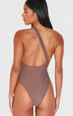 Chocolate Bead Detail One Shoulder Cut Out Swimsuit