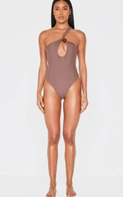 Chocolate Bead Detail One Shoulder Cut Out Swimsuit