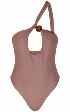 Chocolate Bead Detail One Shoulder Cut Out Swimsuit