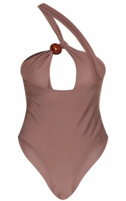 Chocolate Bead Detail One Shoulder Cut Out Swimsuit