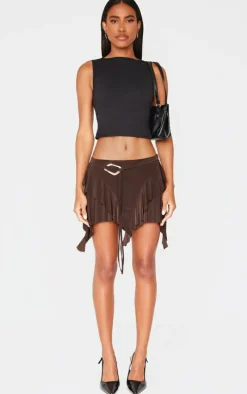 Chocolate Belt Detail Slinky Jersey Ruffle Mini Skirt