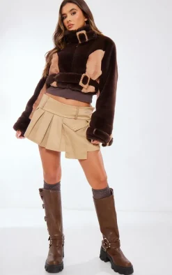 Chocolate Belted Collar And Hem Cropped Faux Fur Coat