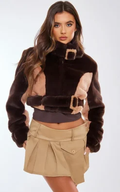 Chocolate Belted Collar And Hem Cropped Faux Fur Coat