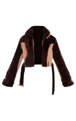 Chocolate Belted Collar And Hem Cropped Faux Fur Coat