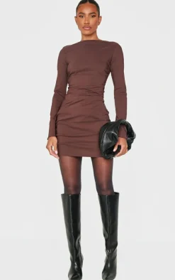 Chocolate Bengaline Long Sleeve Ruched Bodycon Dress