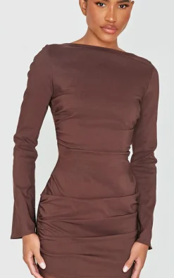 Chocolate Bengaline Long Sleeve Ruched Bodycon Dress