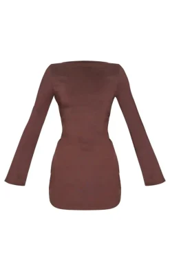Chocolate Bengaline Long Sleeve Ruched Bodycon Dress