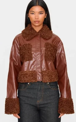 Chocolate Borg Pocket Front Faux Leather Cropped Coat