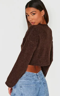 Chocolate Boucle Knit Button Through Cropped Cardigan