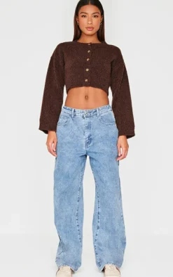 Chocolate Boucle Knit Button Through Cropped Cardigan