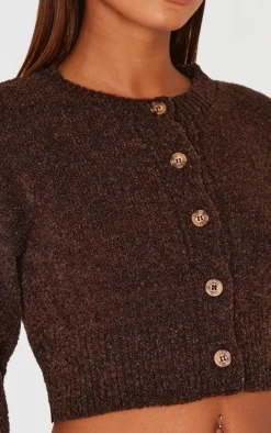 Chocolate Boucle Knit Button Through Cropped Cardigan