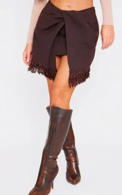 Chocolate Boucle Tassle Hem Drape Front Mini Skirt