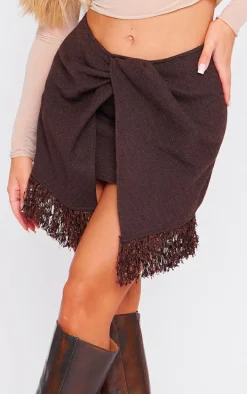 Chocolate Boucle Tassle Hem Drape Front Mini Skirt