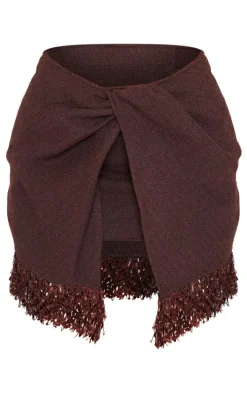 Chocolate Boucle Tassle Hem Drape Front Mini Skirt